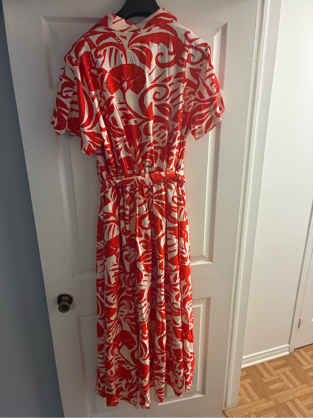 Fashion Nova Red and White Floral Maxi Dress with Waist Tie